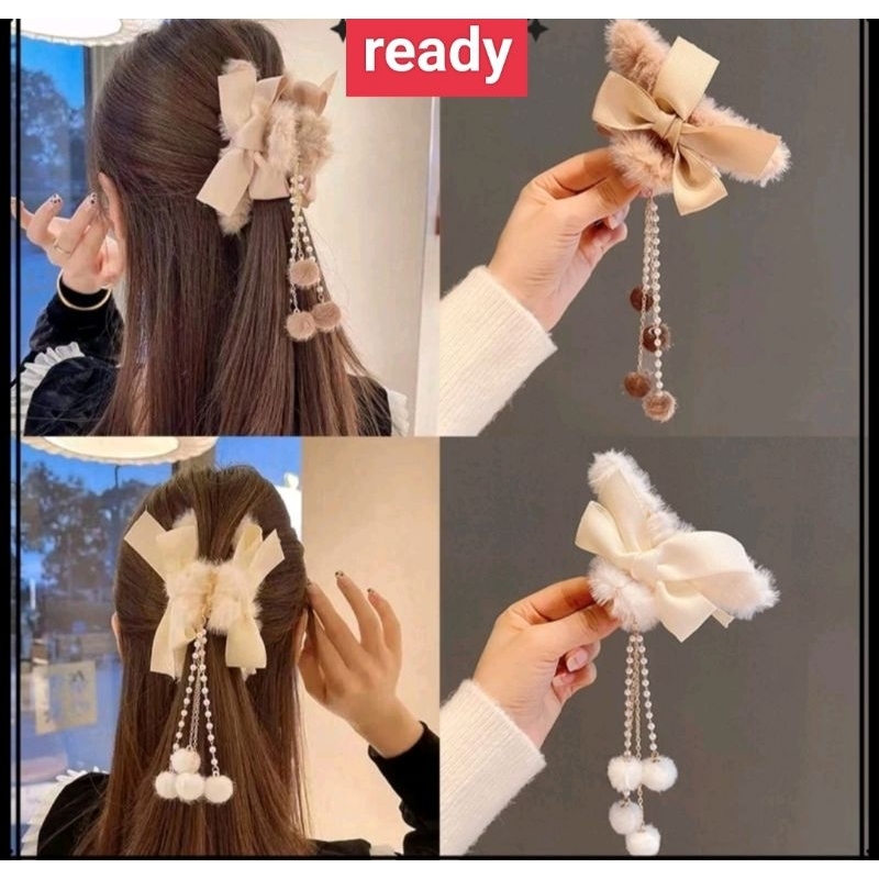 jepitan korea jepit rambut fashion pom pom bulu premium
