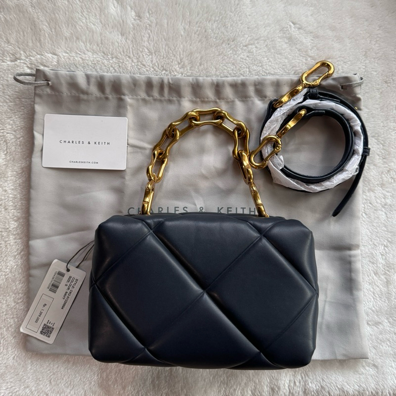 Tas Charles and Keith Gemma Chunky Chain Handle Quilted Boxy Bag in Navy NBU