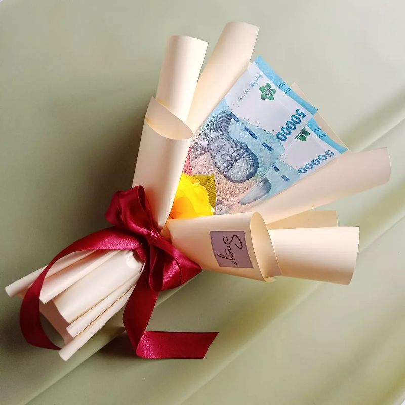 BUKET UANG - BUKET MINI YELFLOW (buket wisuda, buket uang, bunga pita, ribbon flower, bunga kuning)