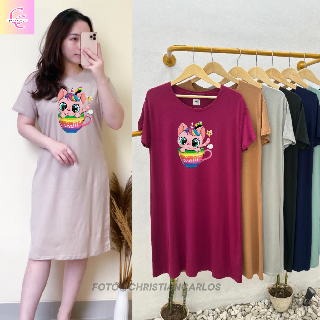 Dress Midi MEOW CUTE RAINBOW  Korea Santai Wanita Premium Tebal/Tunik Rumahan Santai Motif Lucu Dres