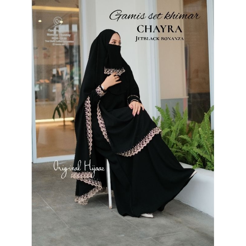 Gamis set syar'i umroh hitam renda khimar handsplit  jetblack ori