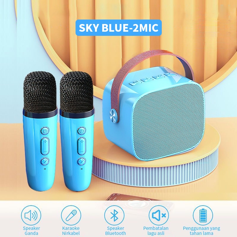 (COD)♫[Speaker mini bluetooth]♪ mini Karaoke Bass K1 Microphone Premium set lengkap speaker bluetooth mic wireless Dapat terhubung ke keponsel komputer-Biru/2 mic