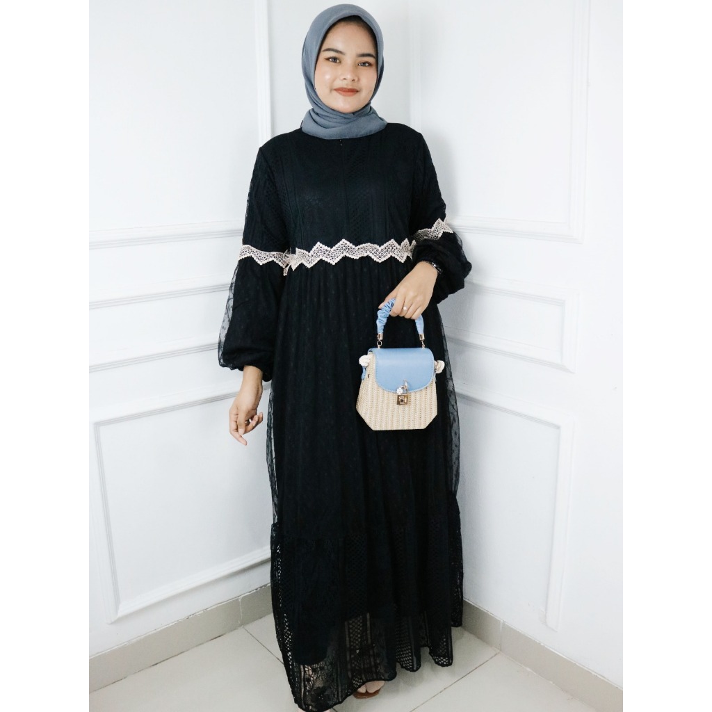 Gamis Kondangan Terbaru  Olivia Dress BO Bahan Brokat Mix Tile Full Puring Size M L XL XXL Busui Fri