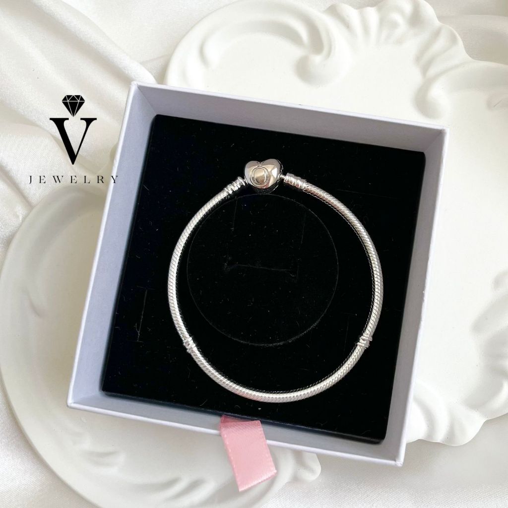 Voree Jewelry - Pandora Moments Heart Clasp Snake Chain Bracelet | Gelang Pandora Sterling Silver 92
