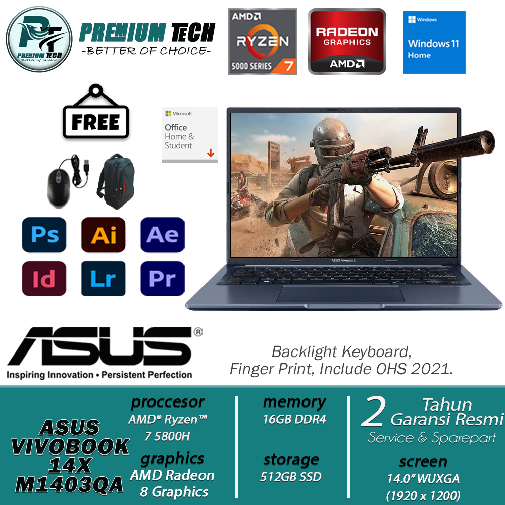 Laptop Asus Vivobook 14X M1403QA Vips751 Vips752 AMD Ryzen 7 5800H 16GB 512GB SSD WUXGA IPS Windows 11 Original