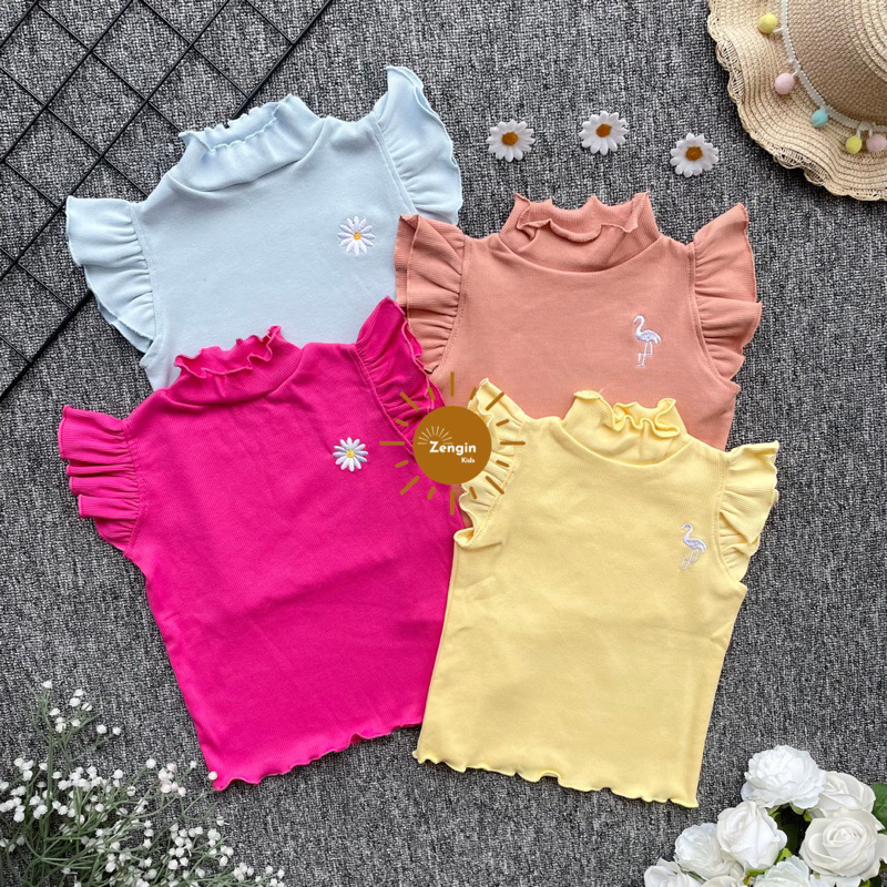 1-6 THN ATASAN ANAK PEREMPUAN RIB TOP DAISY FLAMINGO
