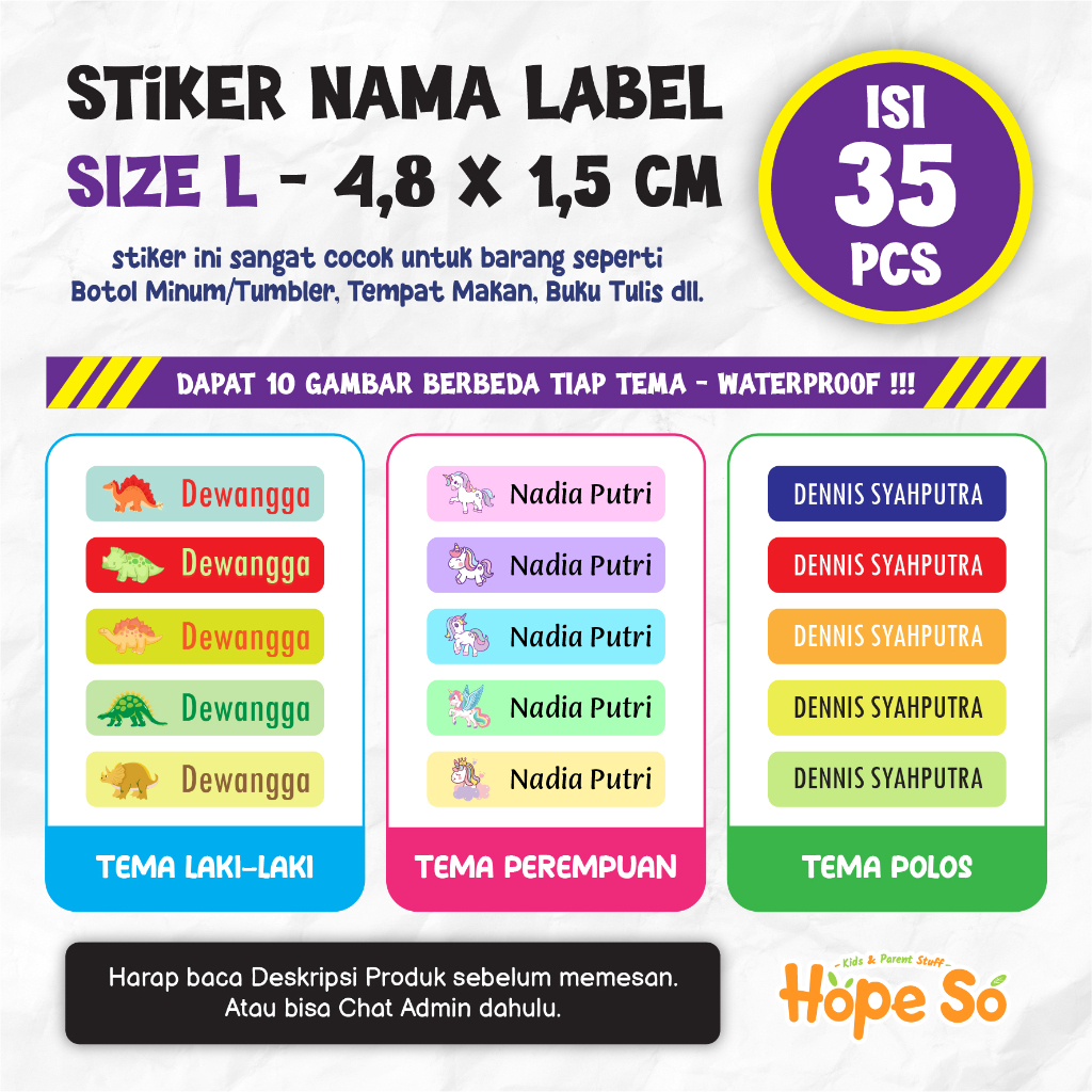 

Stiker Label Nama Custom Waterproof Ukuran L (Isi 35 pcs) - HOPE SO