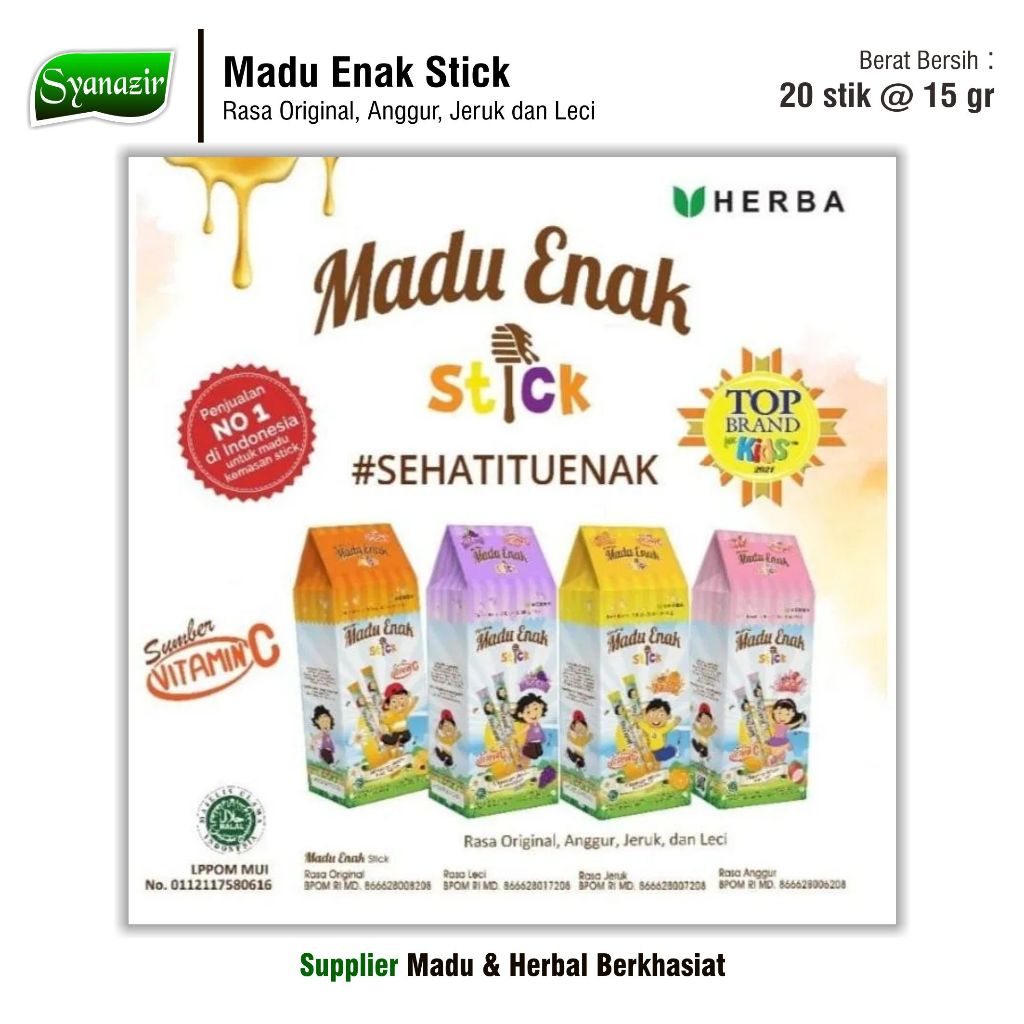 

Madu Enak Stick | Madu Stick Enak untuk Anak-Anak | Isi 20 Sticks @ 15 gr | 4 Rasa : Original, Leci, Anggur dan Jerk