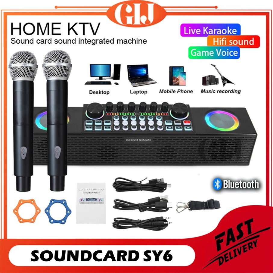 Live Soundcard Sound Card SY6 / Soundcard Bluetooth Speaker All-in-One + Two Wireless Microphone