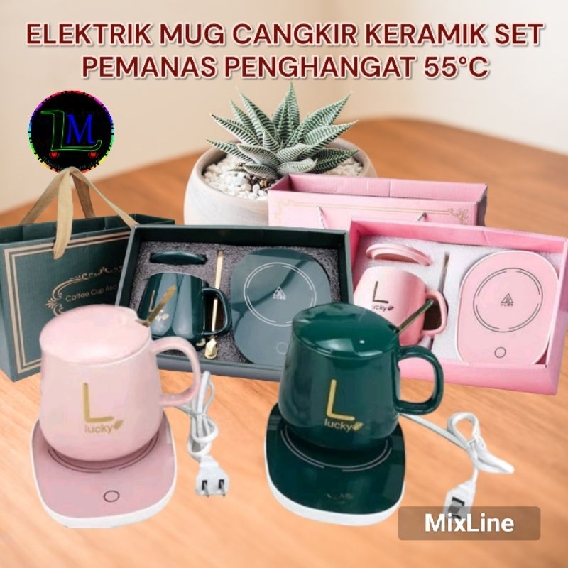 Mug Cangkir Keramik Set Elektrik Pemanas Penghangat 55°C Kopi Teh Susu