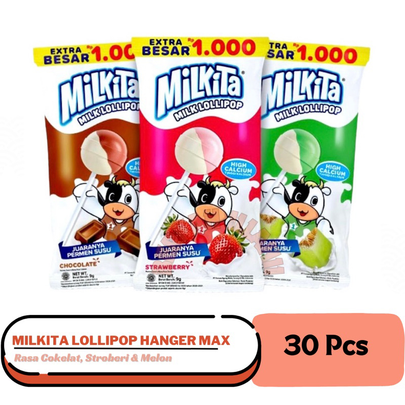 

Milkita Lollipop Hanger Max (1 Bag Isi 30pcs) - Permen Susu Lolipop Rasa Cokelat, Stroberi, & Melon (CSM)