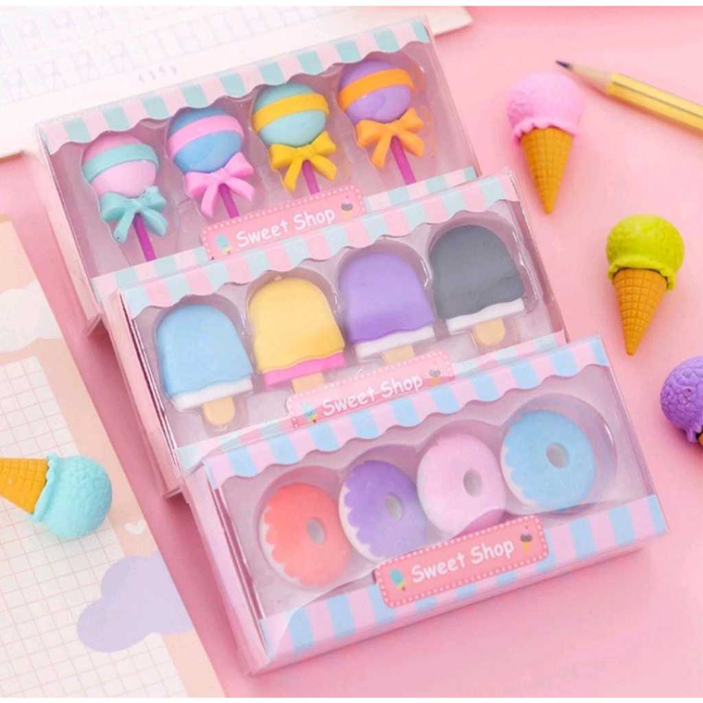 

Penghapus 4 IN 1 Set Cute / Penghapus Pensil Model Ice Cream Donat Lolipop / Penghapus Pensil Karakter Lucu
