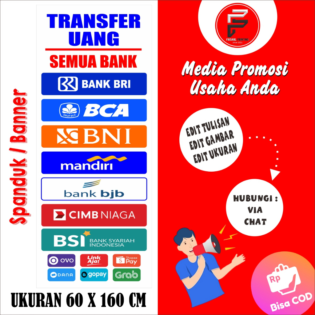 Cetak spanduk Transfer uang , banner, backdrop Transfer Uang ukuran 60 x 160 cm
