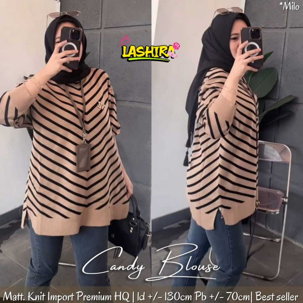 candy blouse bluse blus atasan baju kaos wanita cewe remaja adem tebal melar bahan rajut import moti