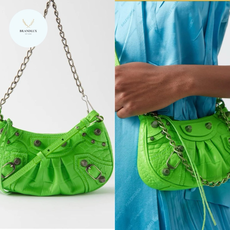 BALENCIAGA LE CAGOLE croco  Green acid SHW with 2 Straps (chain n longstrap)