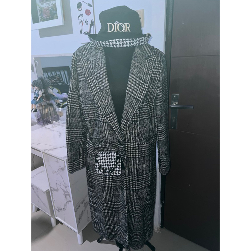 Coat Tartan Hs Coat Houndstooth Coat kancing satu Coat cantik