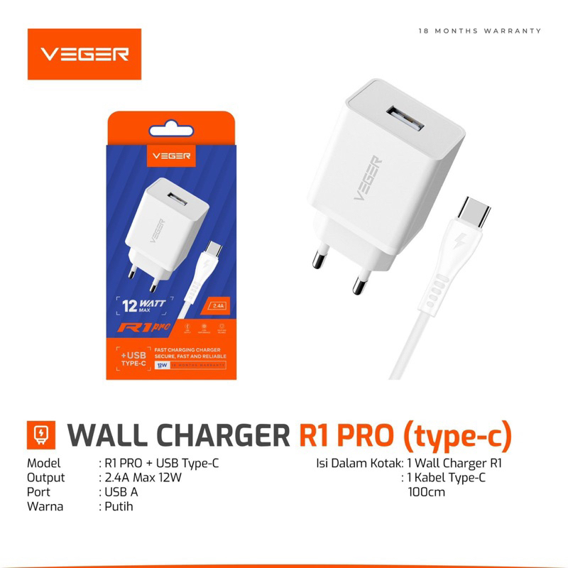 CHARGER VEGER R1 PRO 12W 2.4A with Kabel TYPE C ORIGINAL GARANSI RESMI 1 TAHUN For Samsung Infinix X
