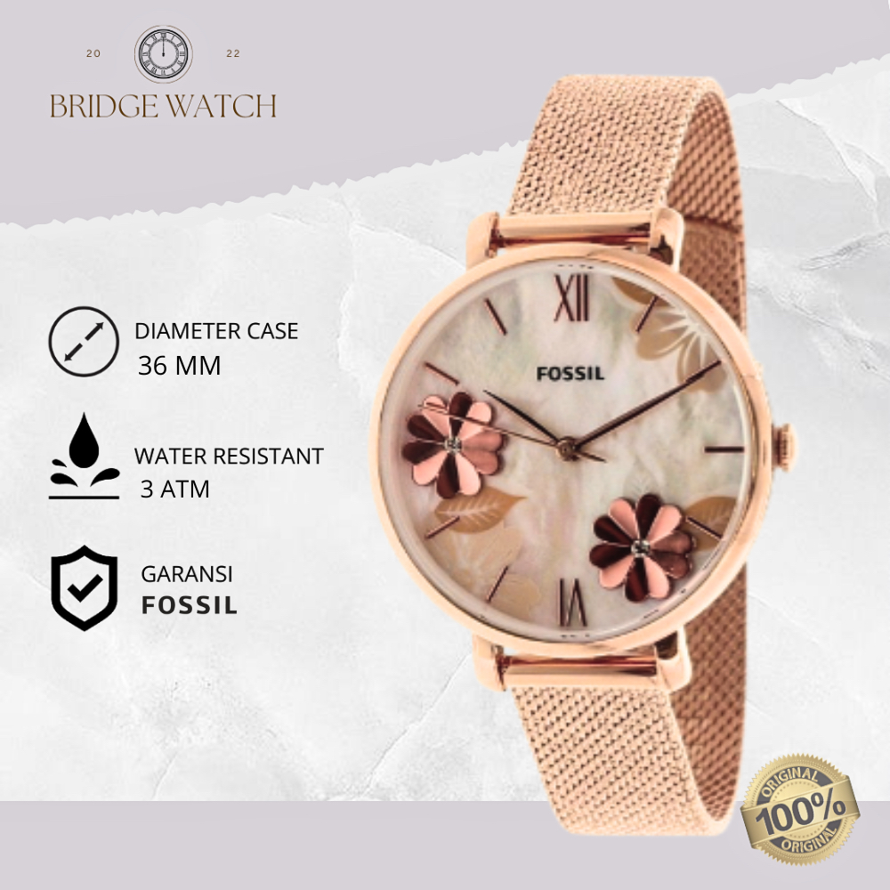 Jam Tangan Wanita Fossil ES4534 Jacqueline Floral Rosegold Stainless Steel Strap Rantai Casual Elega