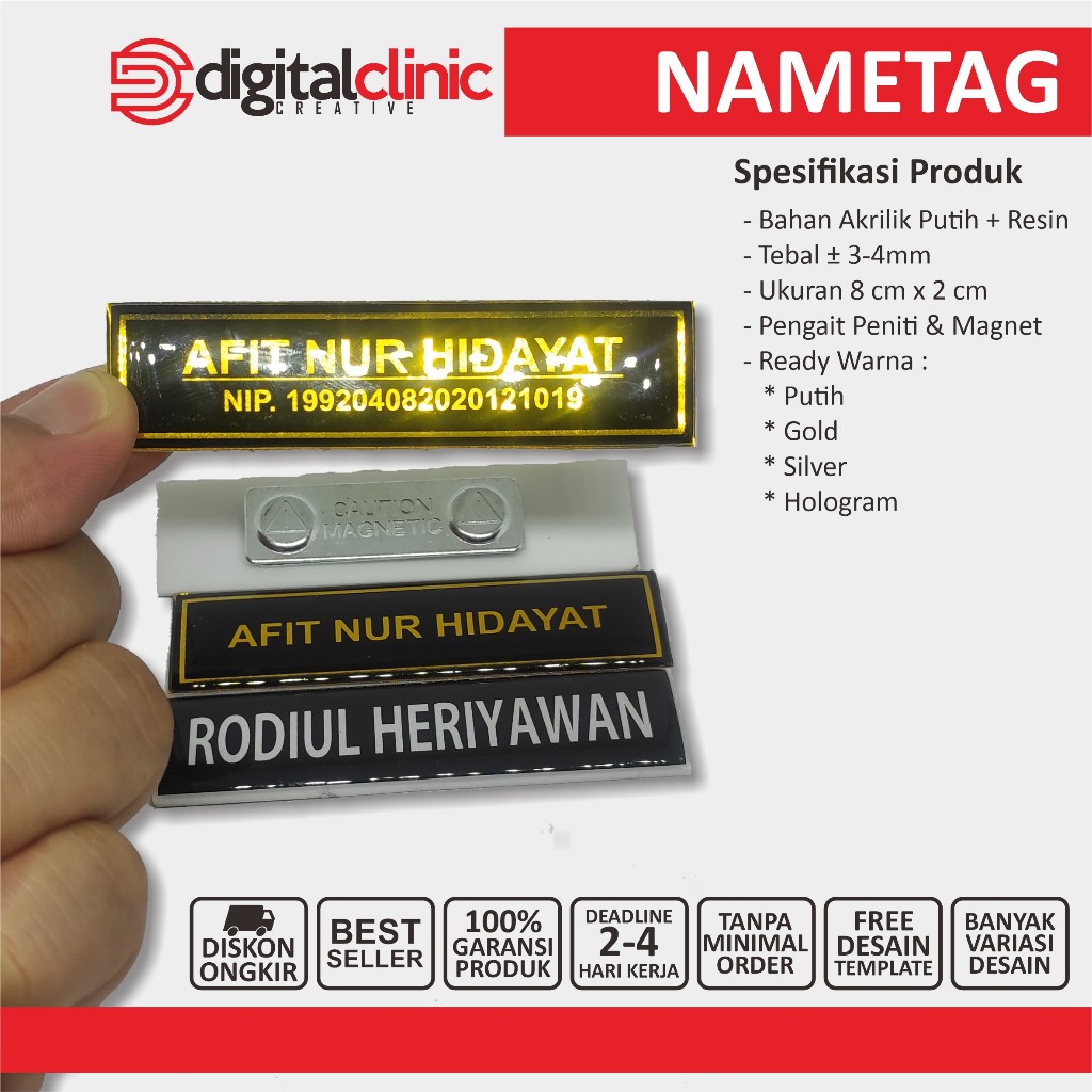 Name Tag Nama Dada Akrilik Magnet Peniti gold silver
