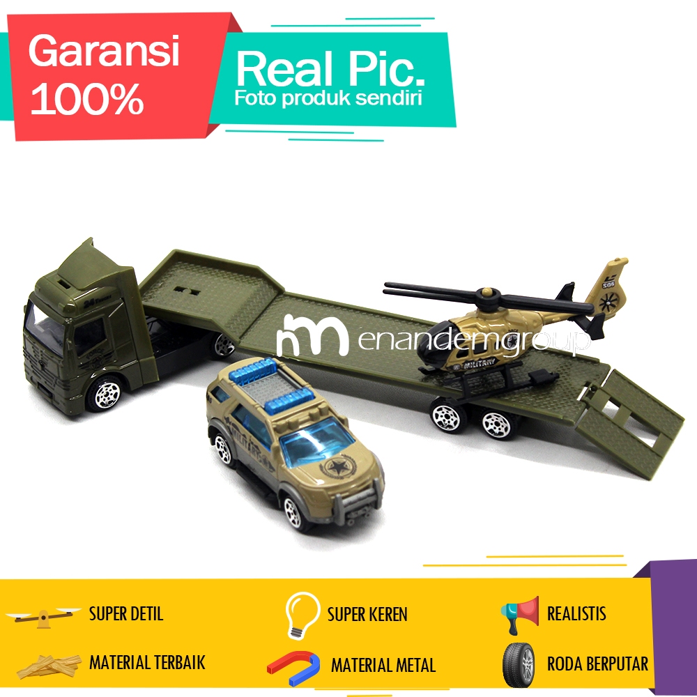 Mainan Diecast Miniatur Mobil Truk Kontainer Gandeng Militer Isi 3