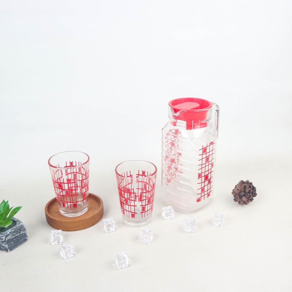 KIMGLASS Pitcher Set Teko Gelas Kaca Isi 3 Pcs Random Warna