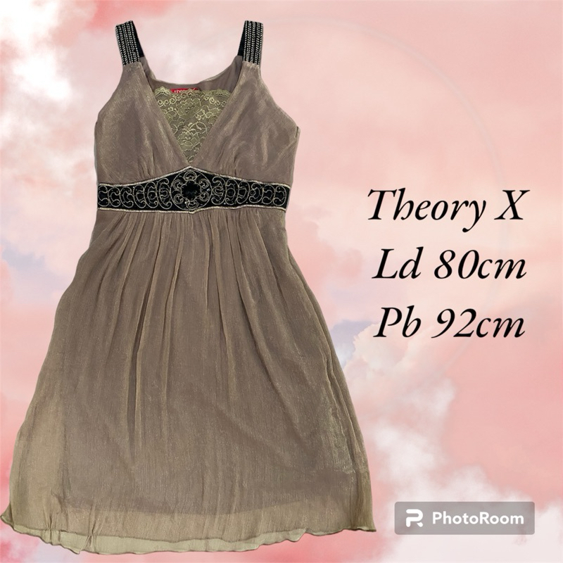 Theory X dress terusan baju pesta party tangan buntung mocca cream coklat muda variasi manik