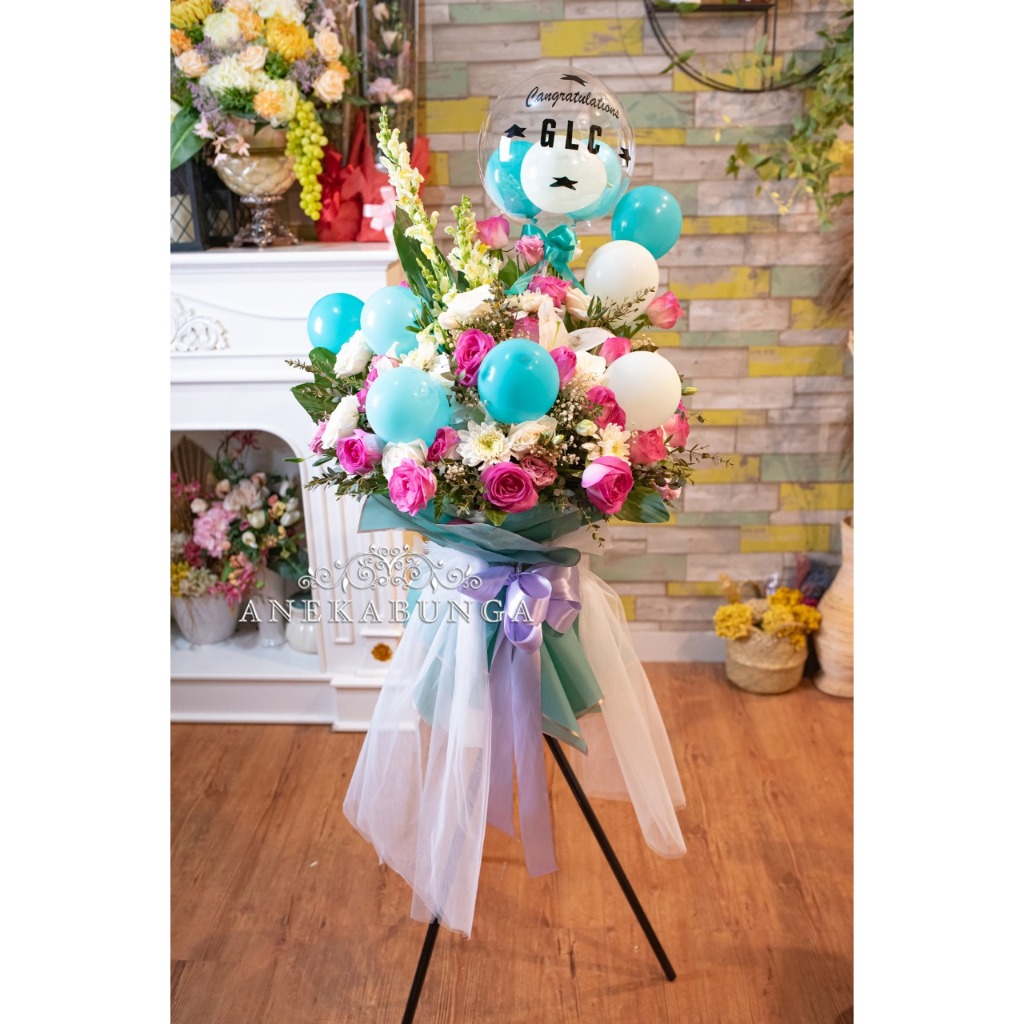 Standing Bunga Asli Balon Biru Putih Balloon Fresh Flower Decoration Anniversary Birthday Kado Rangk