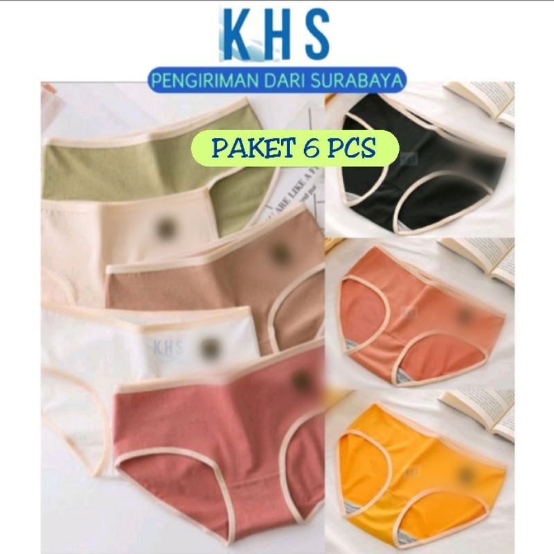 6 Pc Celana Dalam Wanita CD Mid Waist Brief Pakaian Undies Jumbo KHS