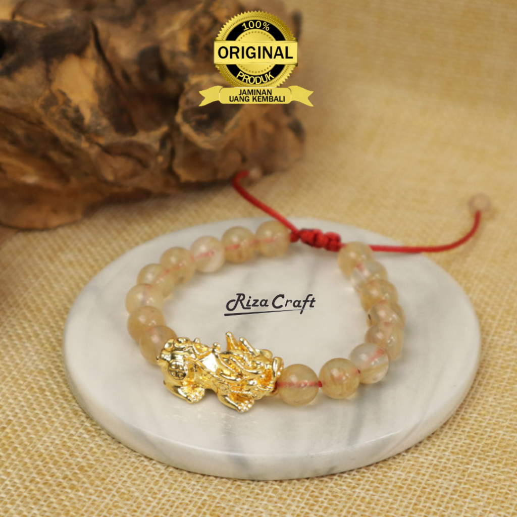 GOLD CITRINE Gelang Batu Akik Kristal Alam Citrine ASLI Original Premium Naga Pixiu Lapis Emas untuk