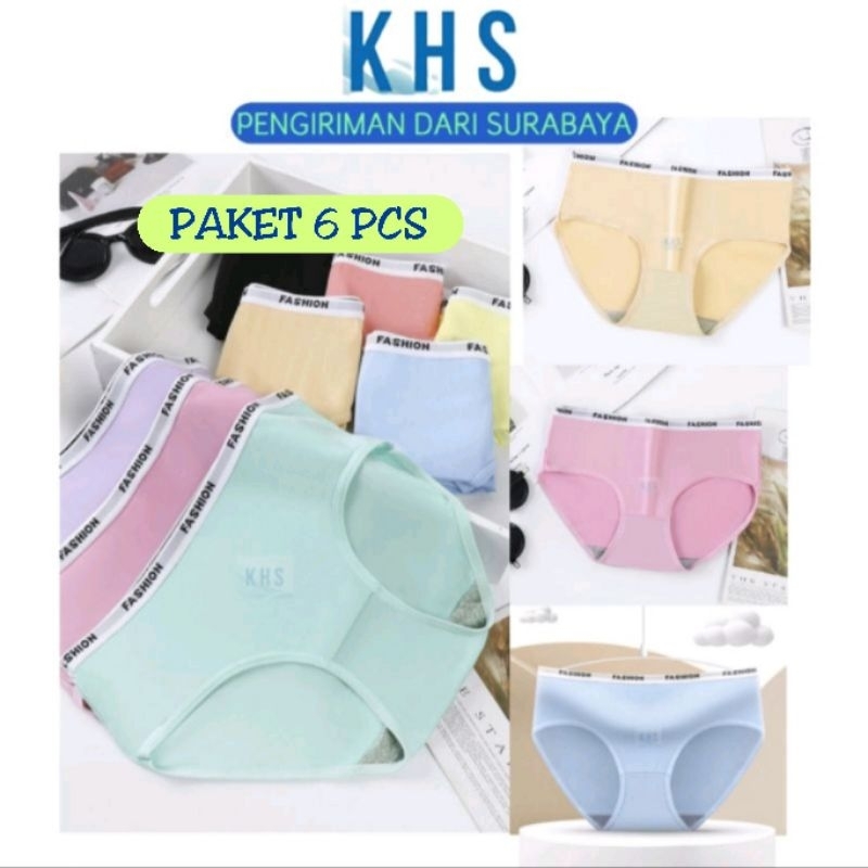 6 Pcs Celana Dalam Wanita Fashion CD Brief Mid Waist Panties Jumbo