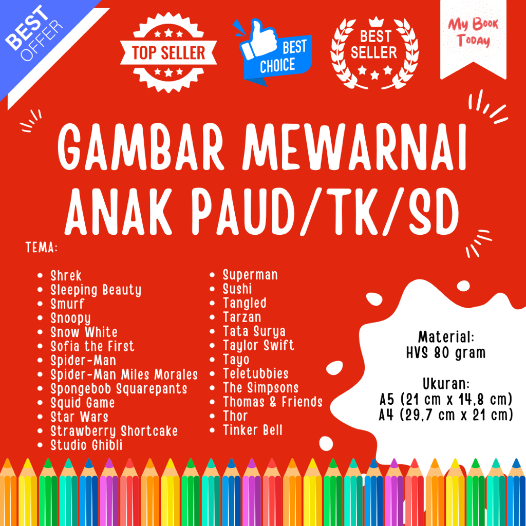 

[My Book Today] Paket Lembar Kertas Sketsa Gambar Mewarnai untuk Anak Sekolah PAUD TK SD