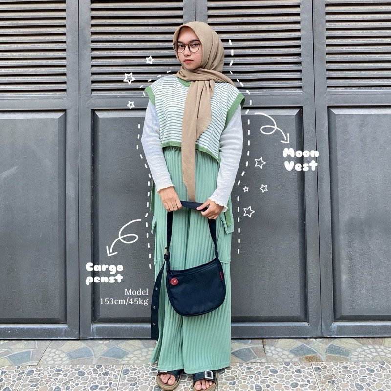 One Set Moon Vest Stripe | Setelan Celana Rompi Stripe Wanita | Moon_Collect