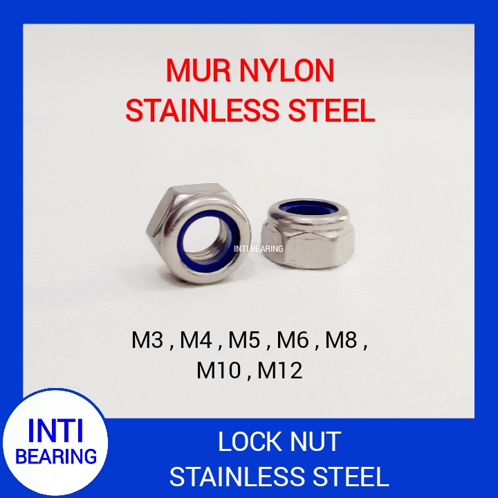 MUR NYLON M3 M4 M5 M6 M8 STAINLESS STEEL SS 304 A2-70 MUR NILON LOCKNUT LOCK NUT NYLON NUT STAINLESS