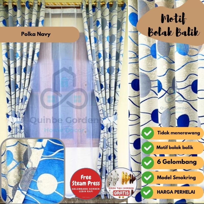 Gorden Blackout biru navy motif bolak balik polka salur