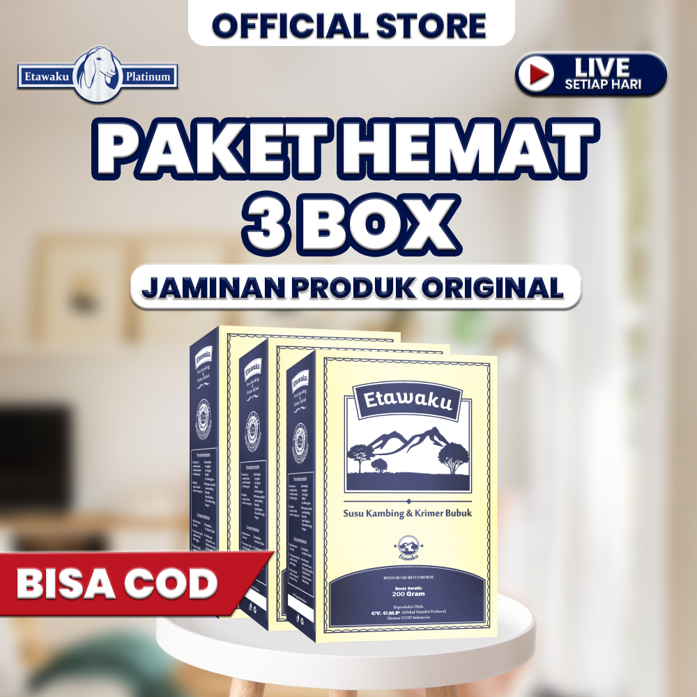 

PROMO HEMAT 3 BOX ETAWAKU SUSU KAMBING ETAWA AMPUH JAGA DAYA TAHAN TUBUH ATASI MASALAH KESEHATAN PERNAFASAN ASMA SESAK NAFAS JANTUNG HALAL BPOM GRATIS ONGKIR COD