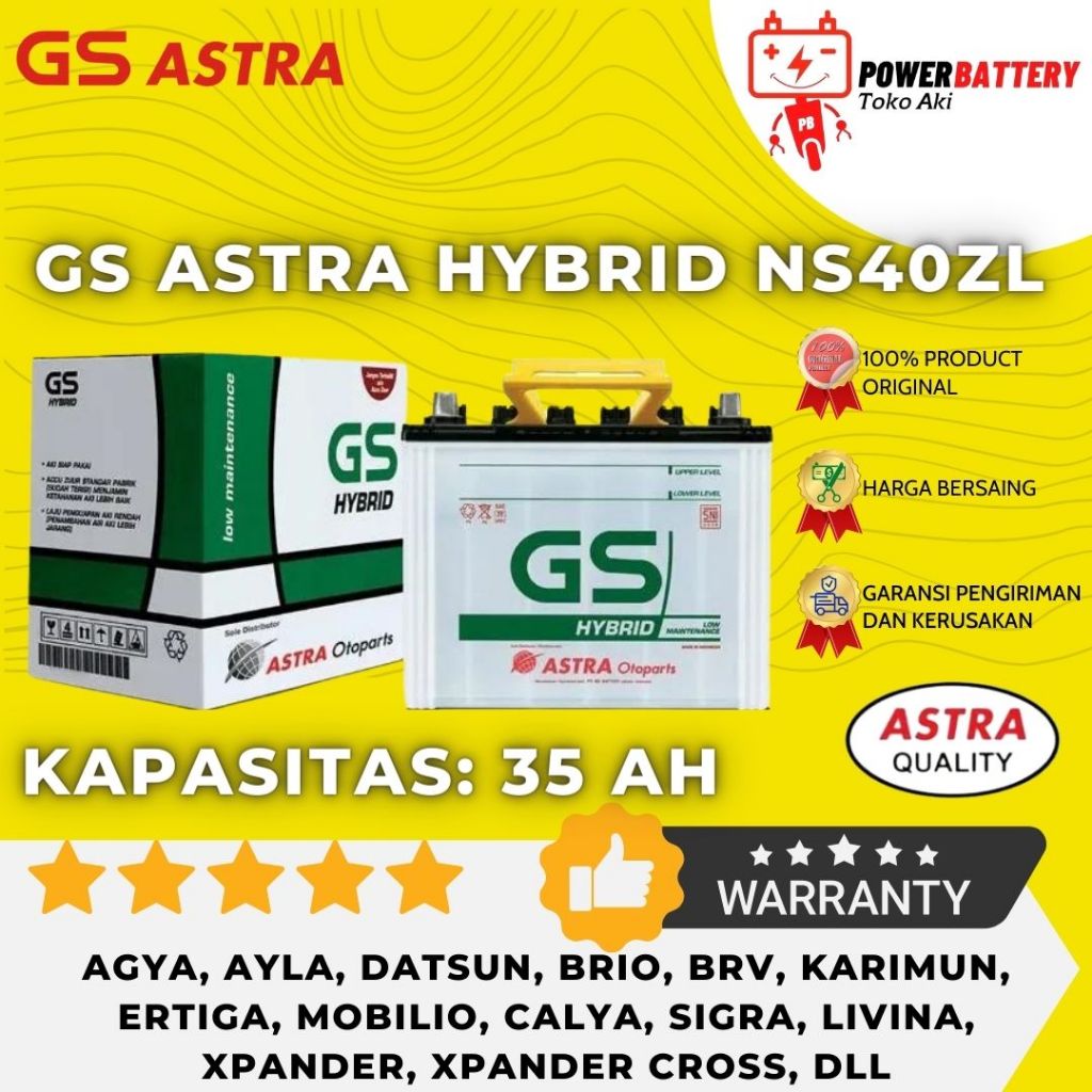 Aki Mobil GS Astra Hybrid Original NS40ZL Mobilio BRV Jazz Freed City Agya Ayla Datsun Brio Calya Si