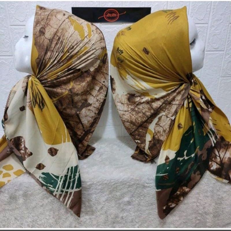 Hijab segiempat motif daun kering warna kuning lemon kerudung voal premium