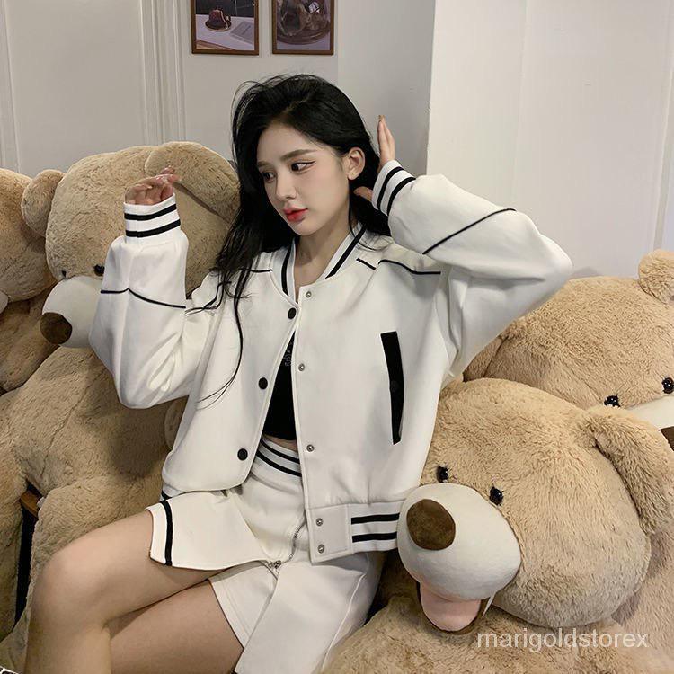 WHITE LIST JAKET CROP BASEBALL VARSITY