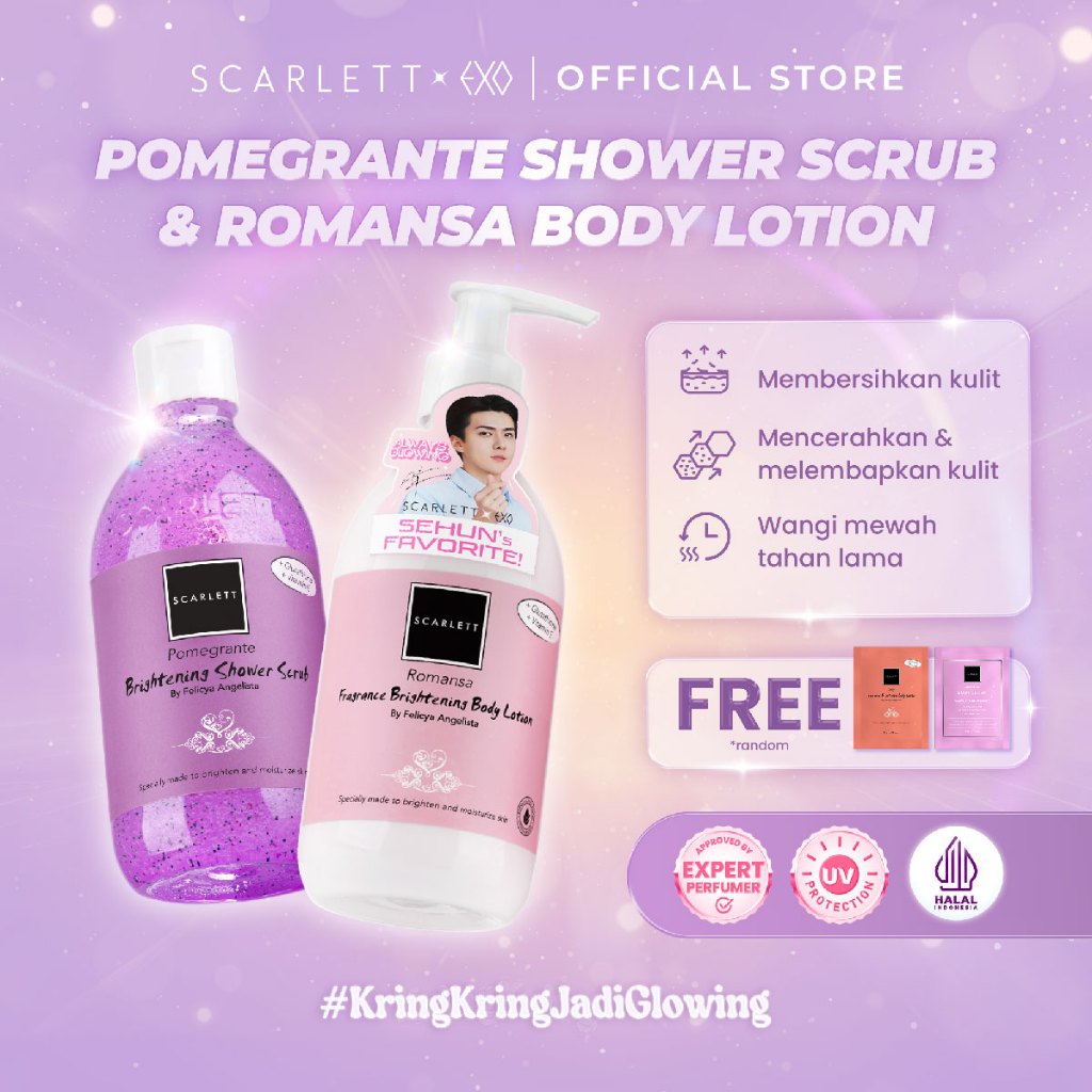 Scarlett Whitening ⁠#KringKringJadiGlowing Package (shower scrub &amp; body lotion get 2 sachet bodycare)