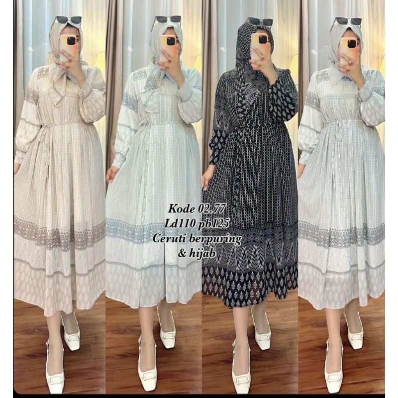 Midi Dress Ceruty Set Hijab Gamis Ceruty Full Furing Set Dress + Hijab Premium