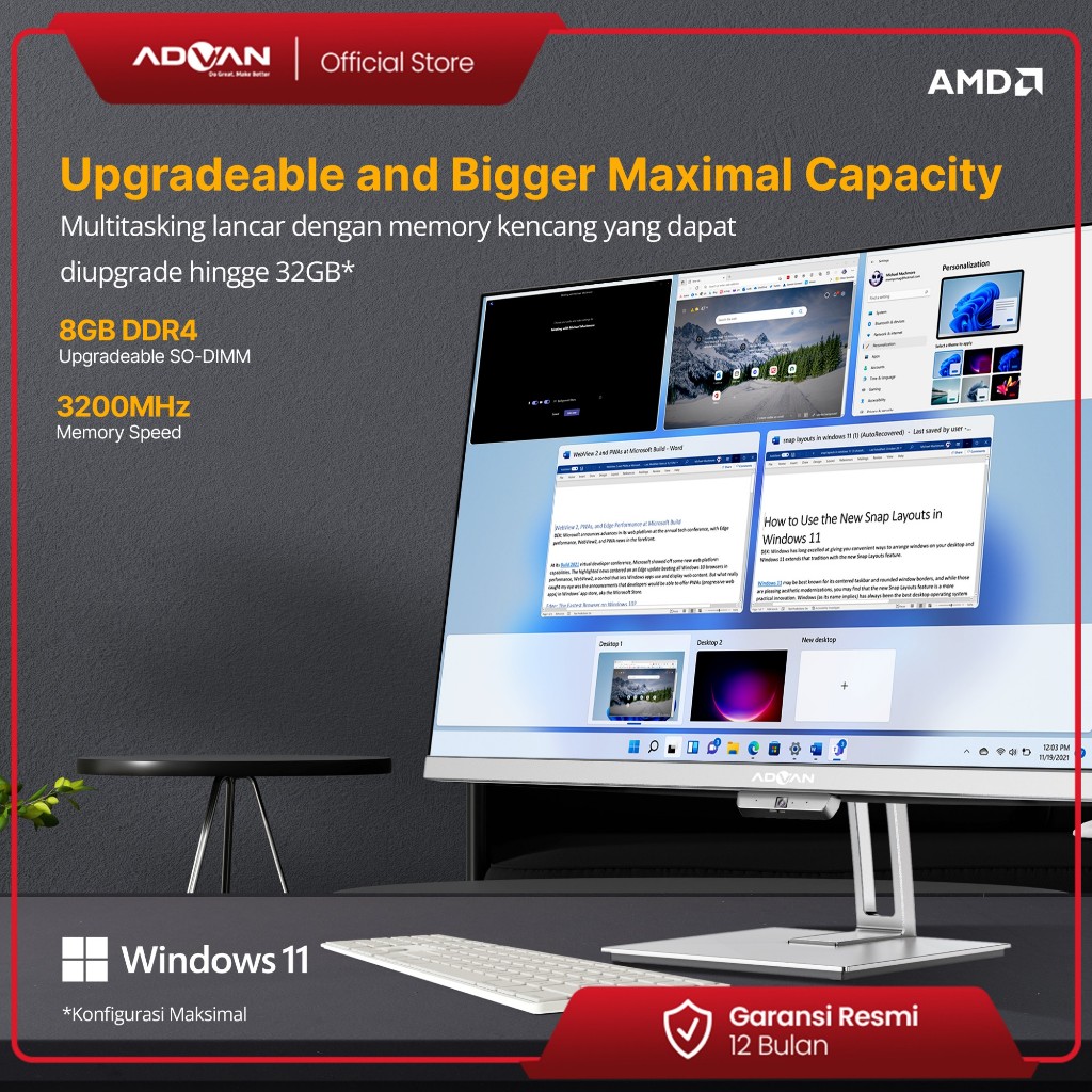 Advan komputer All In One PC AIO OnePC AMD RYZEN 5 5500U 8+512GB Windows 11 24 Inch Full HD 99% SRGB-6