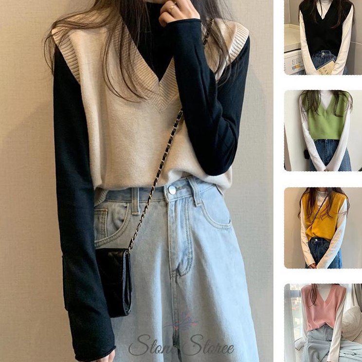 Super Original  Knitwear Rompi Rajut Wanita Korea Vneck Vest Korea  Poliester  KuningPutihMerah Jamb