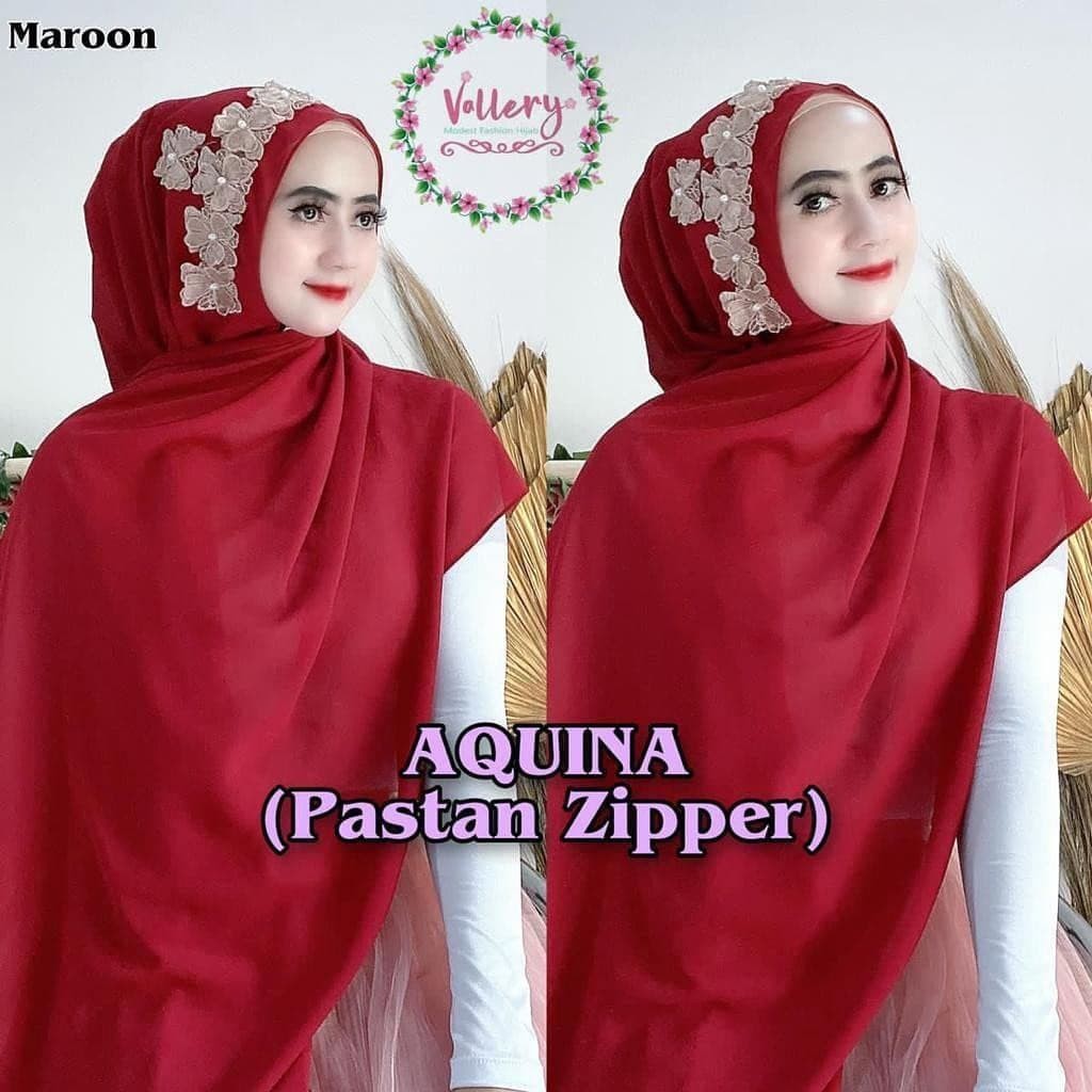 Aquina Pashmina Payet Bunga Zipper Ceruty Babydoll / Jilbab Instan / HIjab Syari / Plisket ATH29