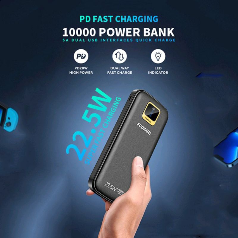 FOOMEE POWER BANK 10000MAH WITH CABLE TYPE-C FP117 BLACK