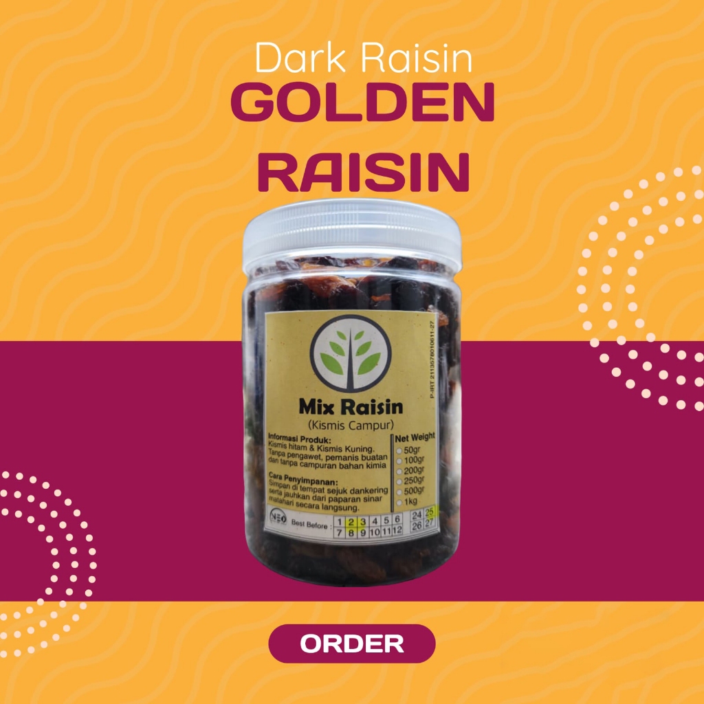 

Mix Raisins Unsweetened / Kismis Emas dan Hitam / Kismis Campur 500 gram(1/2kg) camilan food Snacks Snack Manis