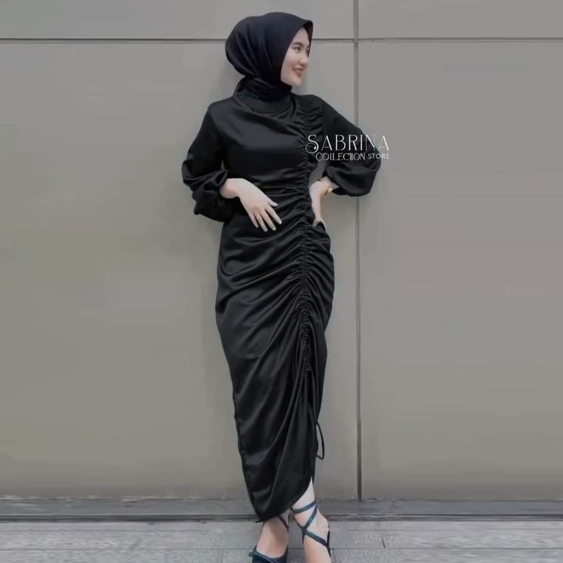 Dress Satin Korean Dress Lebaran Kondangan Lengan Panjang Dress satin muslim Hijab Friendly Velvet T