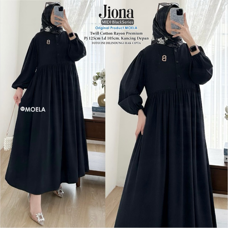 Jiona midi dress moela black series hitam polos kancing depan rayon twill premium allsize