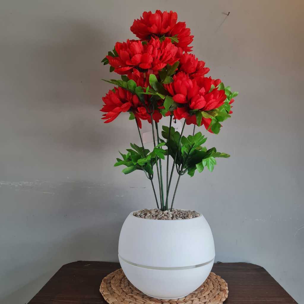BungaTanaman Hias Plastik Artificial Seruni , Casablanca Pot Bulat
