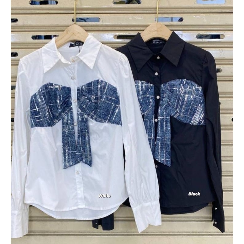 𝙍𝙚𝙖𝙙𝙮‼️Vanda-sequin denim top/kemeja ribbon jeans blink