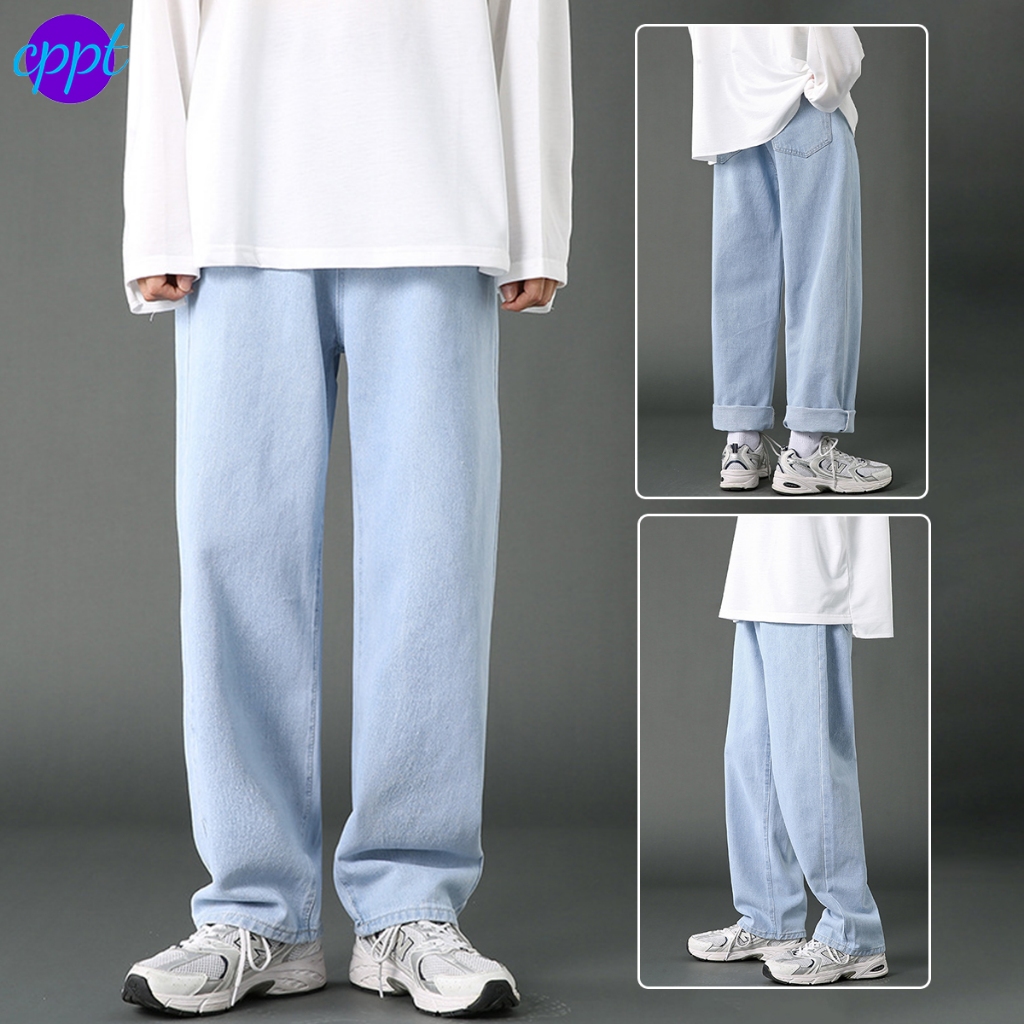 Celana jeans pria kulot Celana denim panjang pria Celana kaki lebar longgar Celana jeans biru
